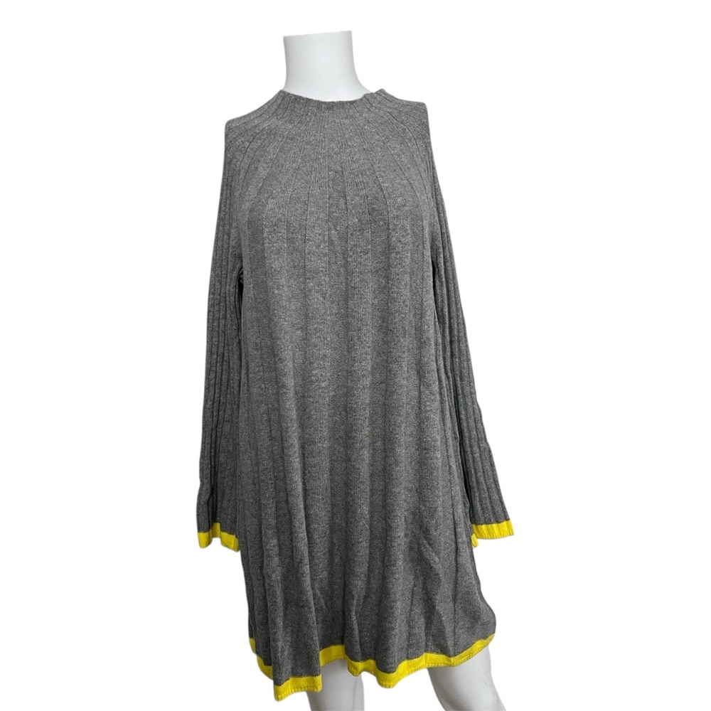 NEW Anthropologie Gray Sweaterdress Yellow Trim Ribbed Knit Size Medium Petite
